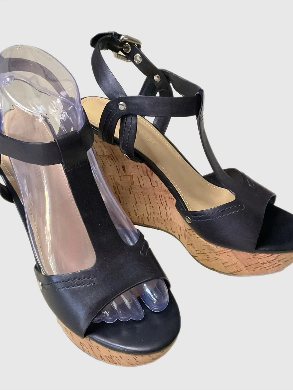 Marc Fisher Black Leather 5” Cork Platform Wedge Sandals Buckle Ankle Strap Boho